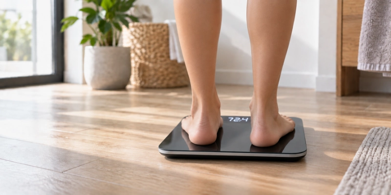 A person standing barefoot on a digital bathroom scale, the lit display in frame