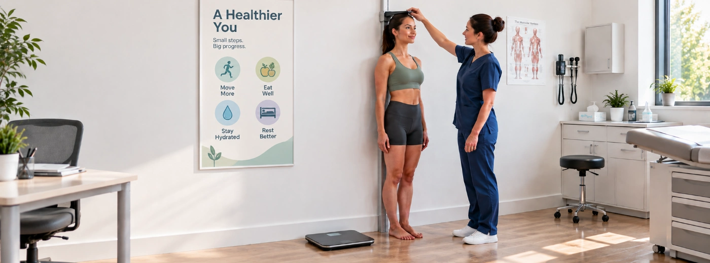 A woman in athletic wear having her height measured against a wall-mounted stadiometer in a bright clinic, a digital scale on the floor beside her