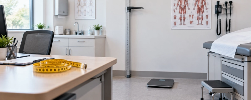 A tape measure and a digital scale display side by side, with a person's feet on the scale and a hand adjusting a stadiometer slider behind