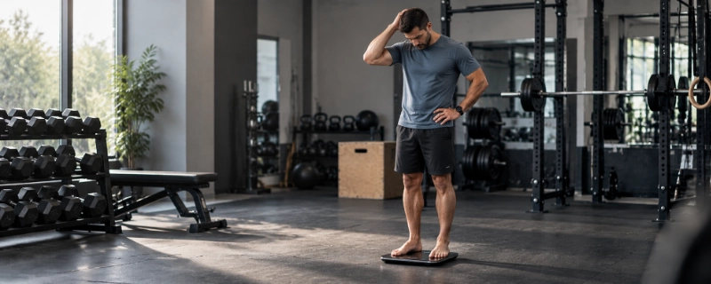 A lean, muscular male athlete standing on a bathroom scale in a gym, looking down at the readout with a skeptical expression