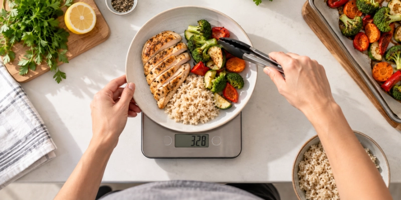 Hands portioning grilled chicken, vegetables and rice onto a plate on a digital kitchen scale