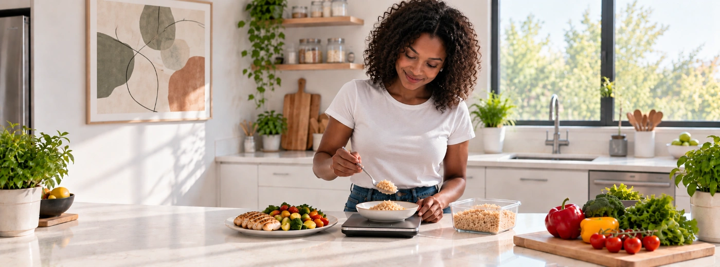 A woman in a bright kitchen weighing a portion of food on a digital kitchen scale, a plate of lean protein and vegetables beside her