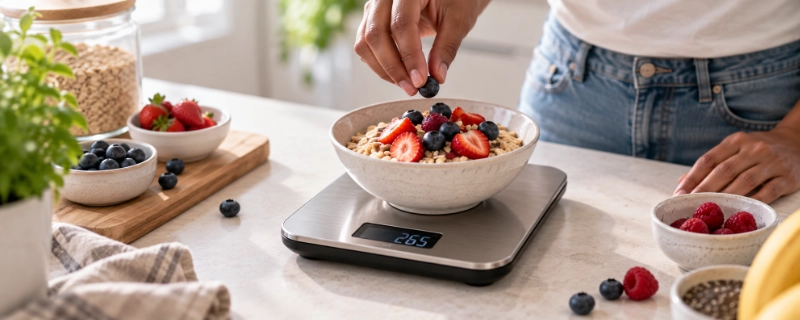 A digital kitchen scale holding a bowl of oats and berries showing a gram readout, a hand adding more berries