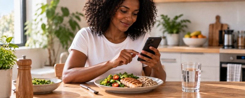 A person at a kitchen table logging a meal into a calorie-tracking app on their phone, a plate of food and a glass of water in front of them