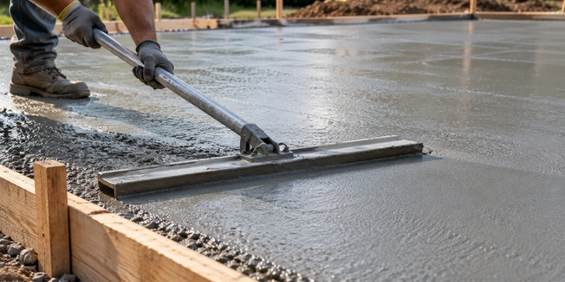 Worker pouring wet concrete into a form for a residential slab