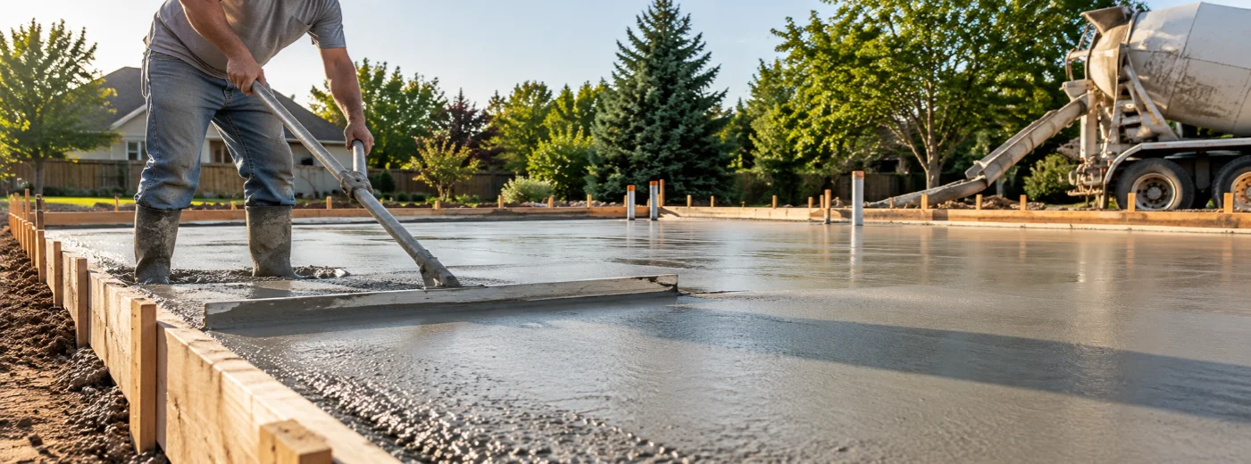 Construction worker leveling freshly poured concrete with a screed on a residential job site