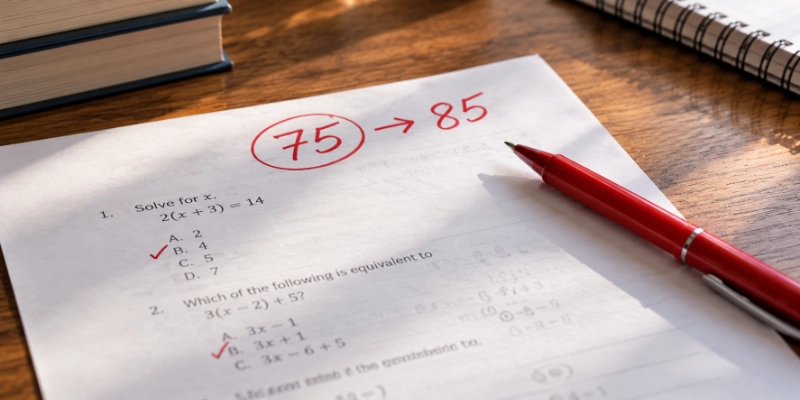 A graded test paper with the original score circled in red pen and a curved score written beside it