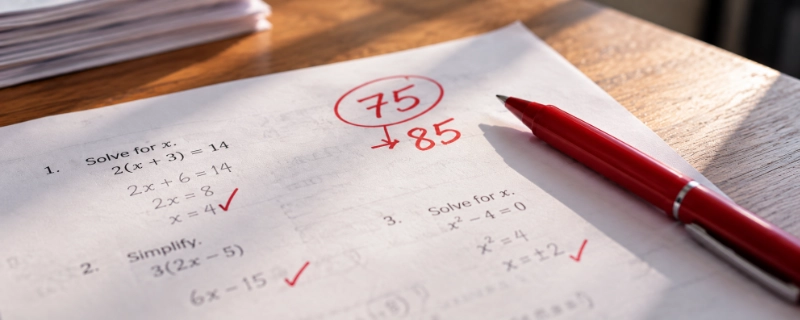 A graded test paper with the original raw score circled in red pen and the curved score written beside it