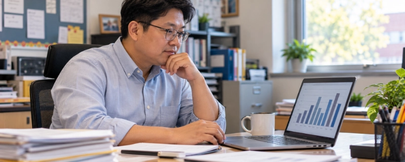 A school administrator reviewing a bar chart of a class's grade distribution before and after curving on a laptop screen