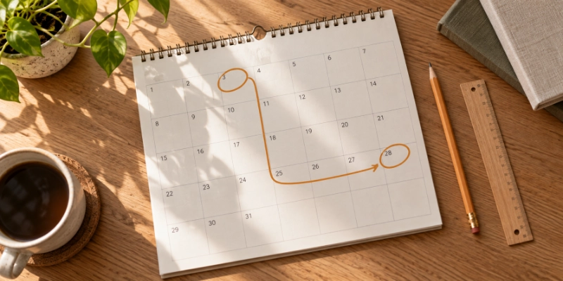 An open paper calendar with a start date and an end date circled in amber and a bracket spanning the days between them