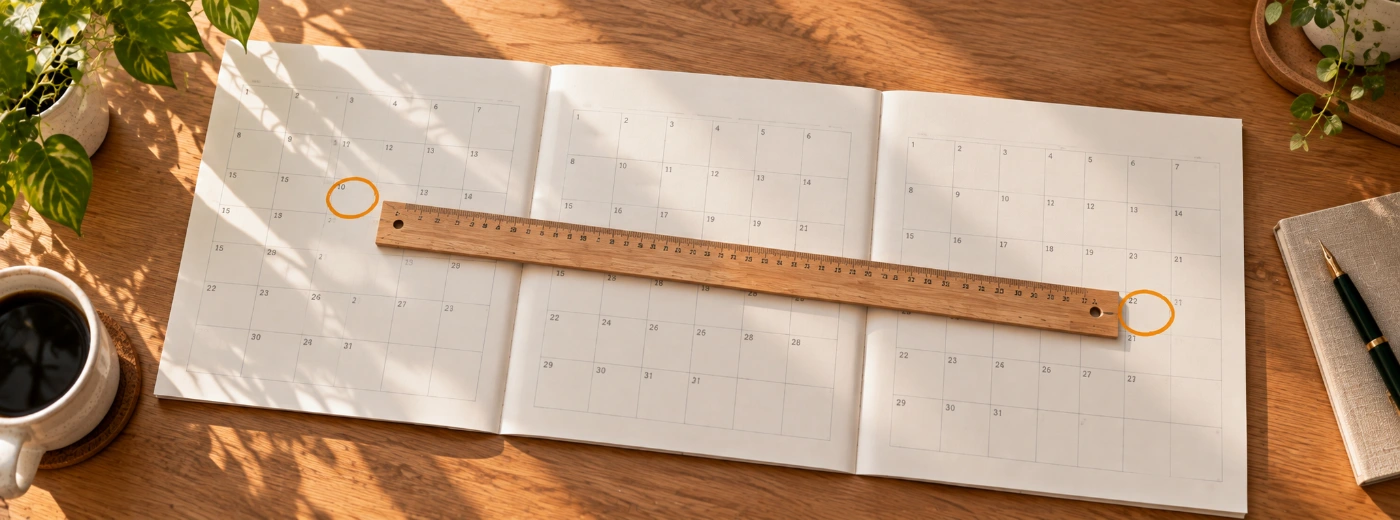 An open three-month paper calendar on a desk with a start date and an end date circled and a ruler measuring the gap between them