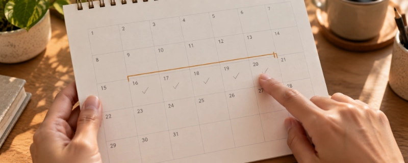 A hand tracing along a row of dates on a wall calendar page, counting days, with the current week bracketed in amber marker