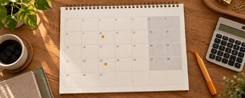 A monthly calendar with the Saturday and Sunday columns shaded grey and two weekdays marked with an amber holiday dot, leaving the working days clear