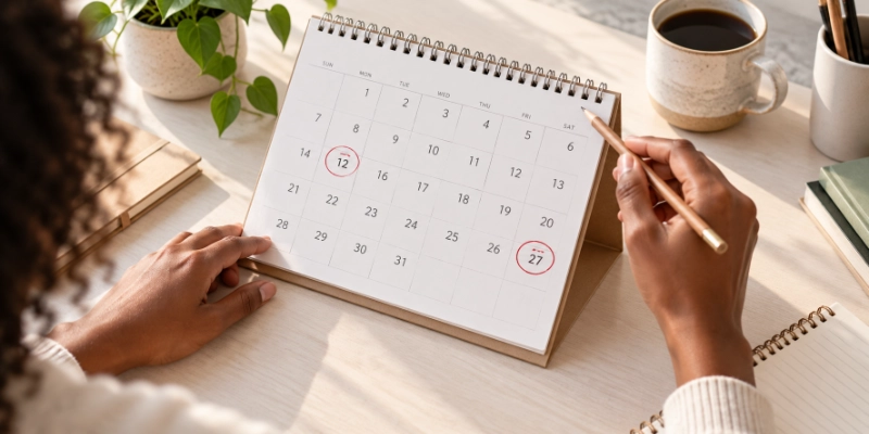 A desk calendar with two dates circled in pen and a hand counting the months between them