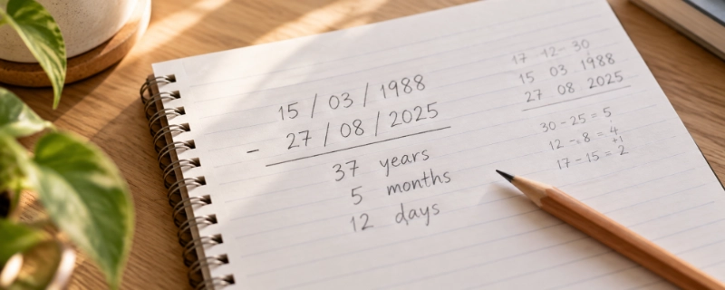A handwritten date subtraction on lined paper, a birth date above today's date, mid-calculation with a pencil resting on the page