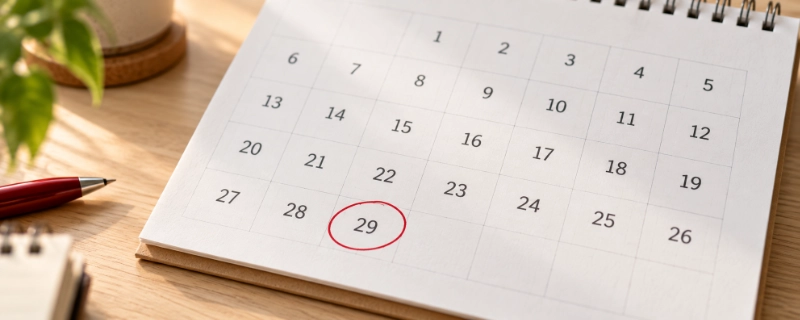 A paper calendar turned to February showing 29 days with the 29 circled in red pen