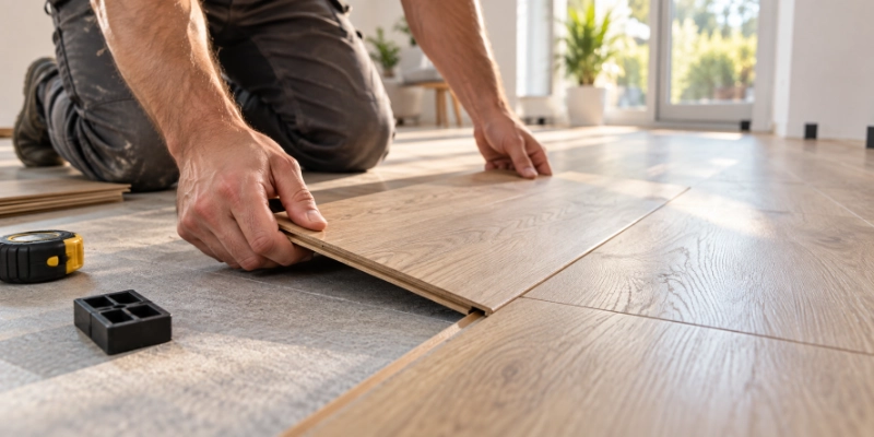 Hands clicking a light oak laminate plank into place in a bright modern room