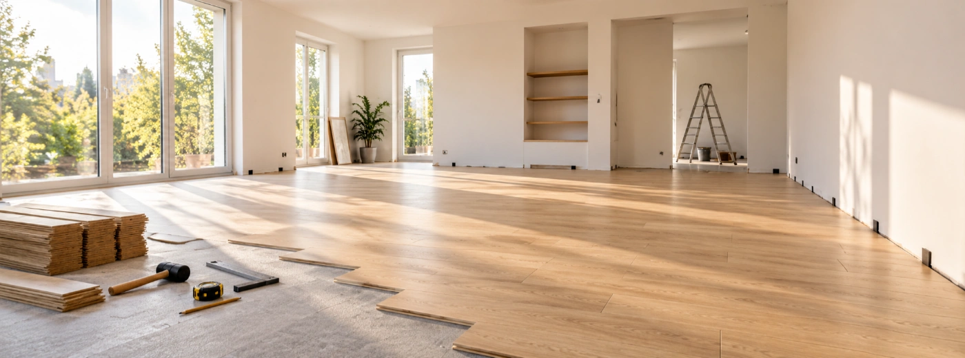 Bright modern living room mid-renovation with light oak laminate planks partly installed and stacks of flooring boxes to one side