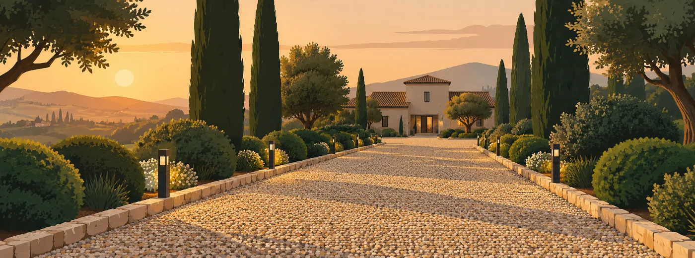 A gravel driveway stretching toward a home in warm golden-hour light
