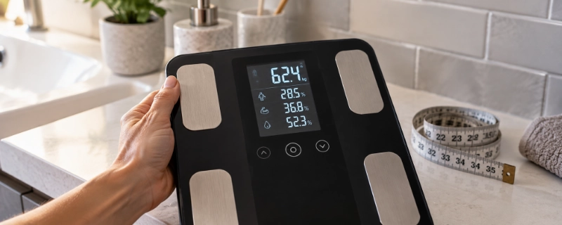 A person's hand holding digital bioimpedance scale results next to a tape measure on a bathroom counter