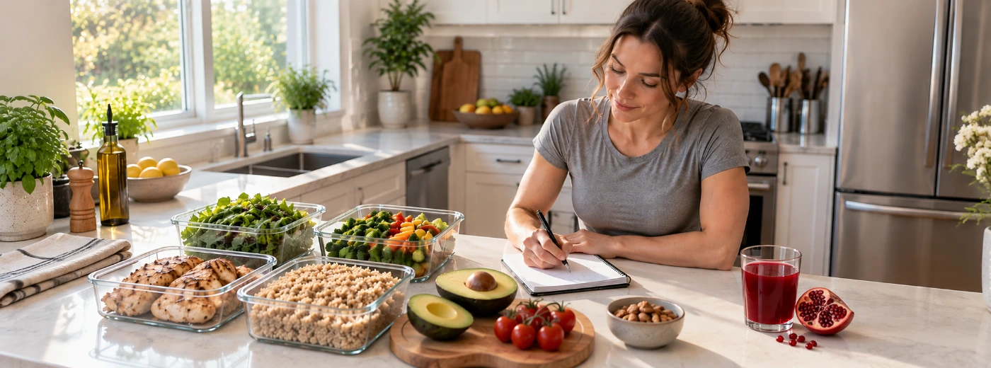 Woman in fitness clothes writing in a notebook beside a healthy meal prep spread on a kitchen counter