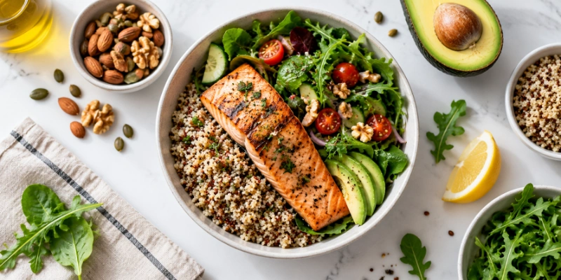 Woman writing in a nutrition journal beside a healthy meal prep spread on a kitchen counter