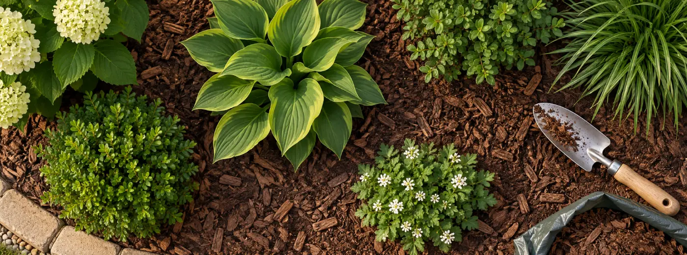 Dark wood chip mulch spread around garden bed plants
