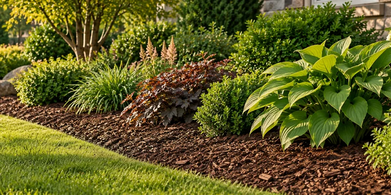 Fresh dark mulch spread across a garden bed with green plants