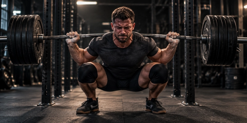 Muscular man performing a heavy barbell squat with intense effort in a dark gym