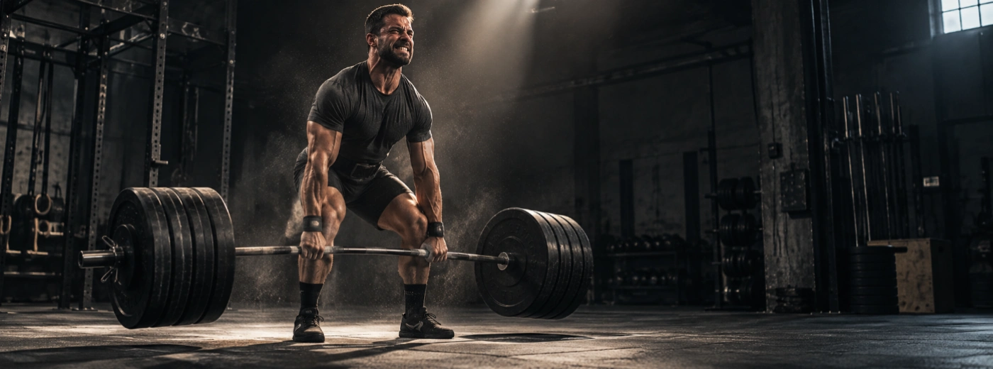 Powerlifter mid-deadlift with a heavily loaded barbell, chalk dust in the air under dramatic gym lighting