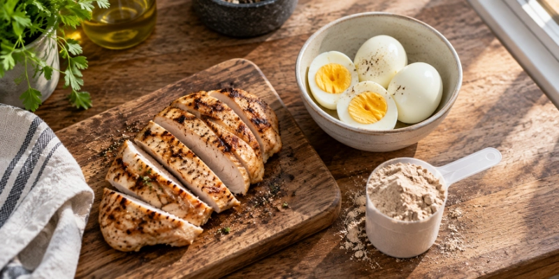 Grilled chicken breast, eggs and a scoop of protein powder arranged on a kitchen counter