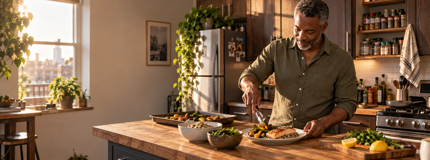 A woman in her 30s preparing a high-protein meal with grilled chicken, eggs and vegetables on a kitchen counter