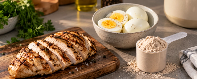 Grilled chicken breast, a bowl of eggs, and a scoop of protein powder laid out on a kitchen counter