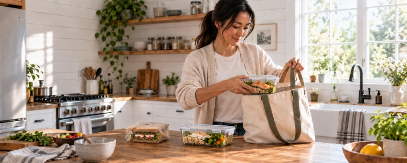 Three small meal prep containers each with a portion of protein, spaced out on a counter to represent spreading intake across the day