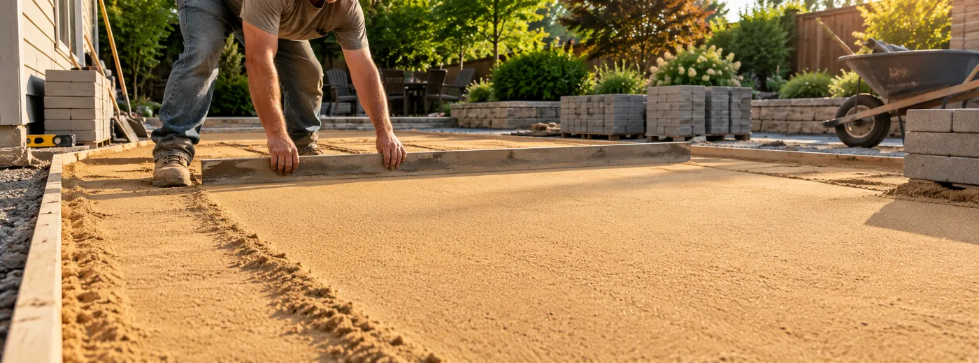 Landscaper leveling golden sand with a screed board over a patio base, ready for paver installation