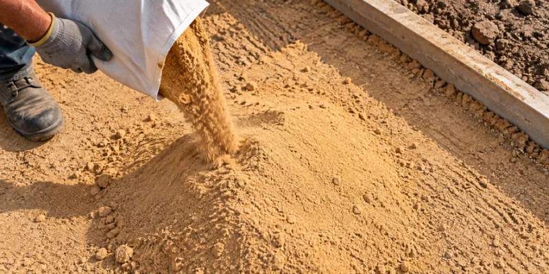 Coarse sand being spread and levelled for a paving project