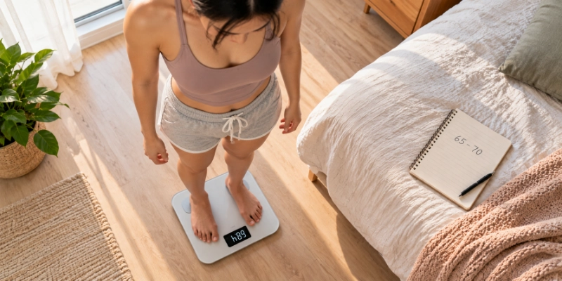 A woman on a digital bathroom scale in a bedroom, a notebook with a written weight range on the bed beside her