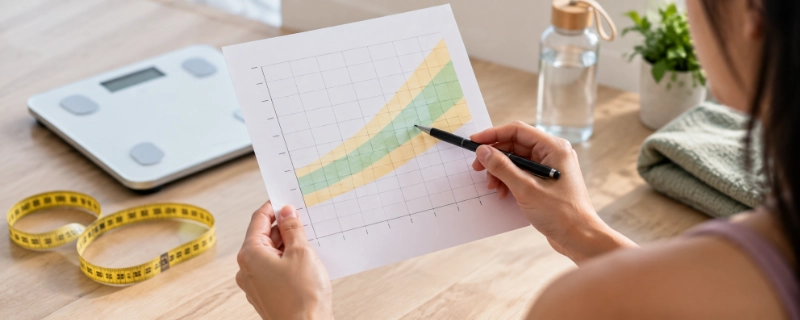 Hands holding a printed height-and-weight chart with a highlighted healthy range band, a pen pointing at it, a scale and tape measure out of focus behind