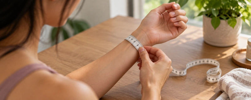 A woman measuring her own wrist circumference with a flexible tape measure, forearm resting on a table in natural light