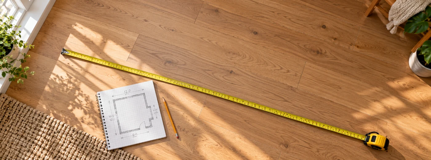 An aerial view of a tape measure laid diagonally across a hardwood floor next to a notepad sketch of a room outline