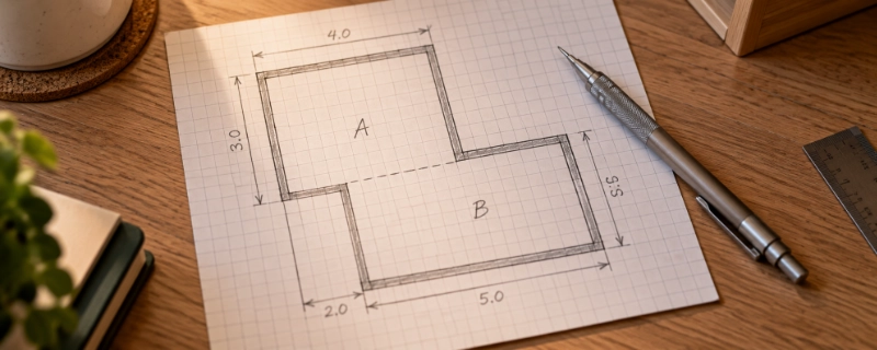 A tape measure and pencil sketch on graph paper breaking an L-shaped room outline into two labeled rectangles