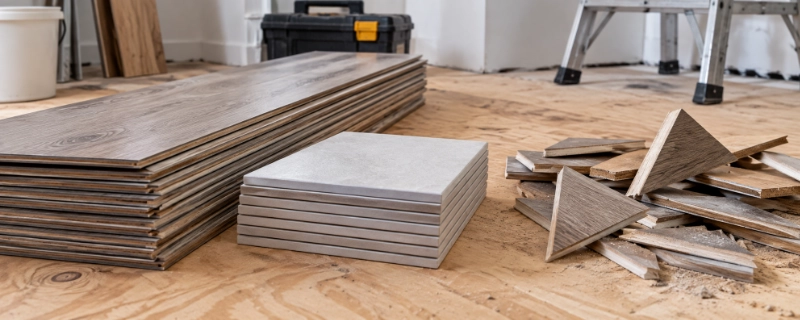 Stacks of boxed flooring planks and tile beside a small pile of angled offcut scraps on a job site floor