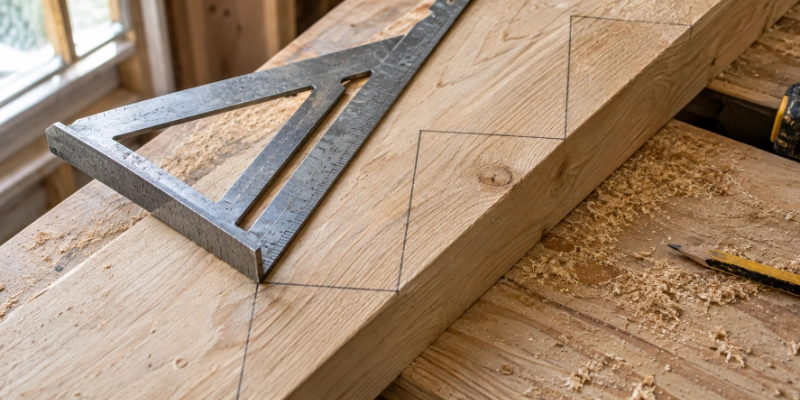 A framing square and pencil marking rise and run lines on a wooden stair stringer board