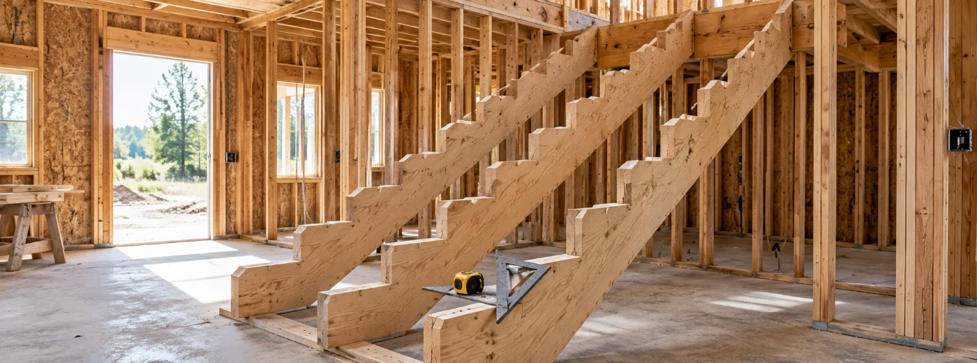 A partially built wooden staircase with cut stringers exposed, a carpenter's framing square and tape measure resting on one stringer
