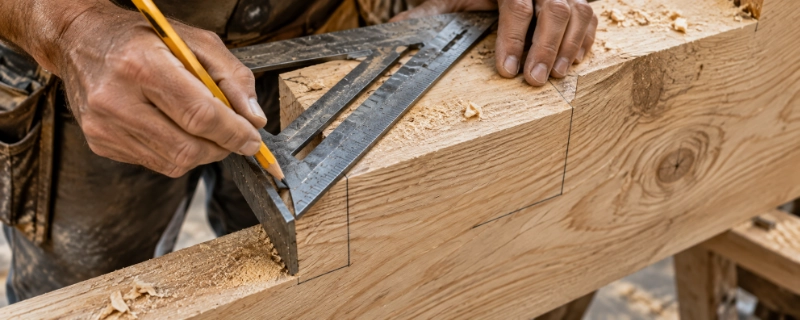 Close-up of a carpenter's framing square laid against a 2x12 stringer board, marking a riser and tread cut line in pencil