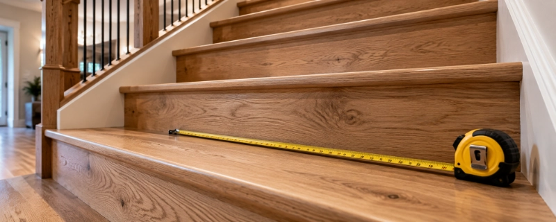 A finished wooden staircase seen from the side with a tape measure laid along one tread, showing riser and tread boards
