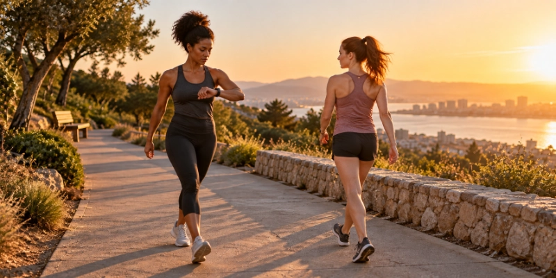 A woman walking briskly on an outdoor path at golden hour, checking the step count on her fitness watch