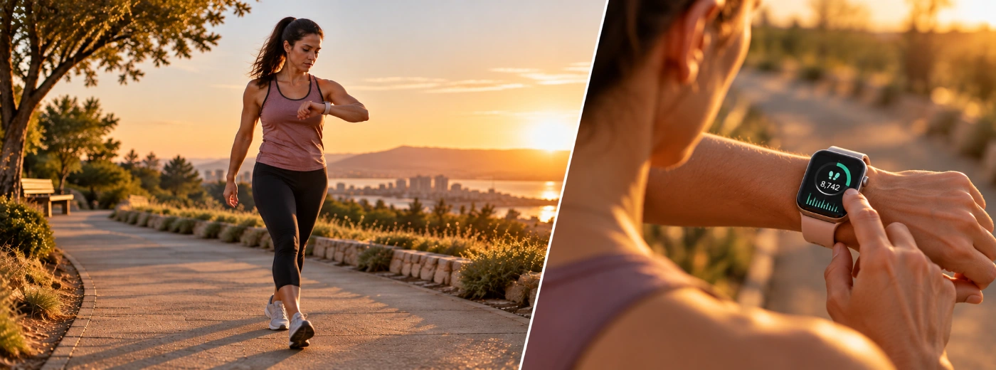 A woman walking briskly on an outdoor path at golden hour, checking the step count on her fitness watch