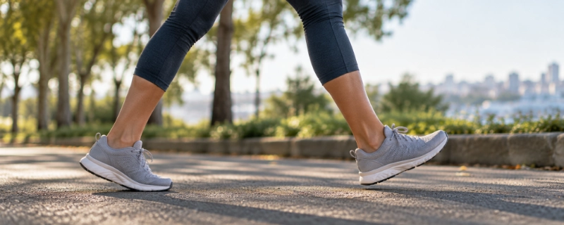 Side view of a person's legs mid-stride on a paved outdoor path, showing the distance covered in one walking step