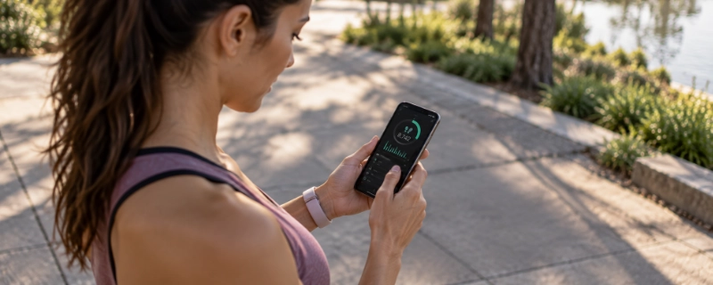 A person checking their smartphone fitness app showing a daily step count while standing outdoors
